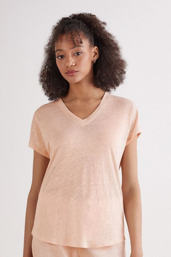 The Pure Linen Short Sleeve V-Neck Top