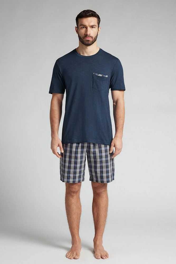 Denim Check Cloth and Cotton Short Pajamas
