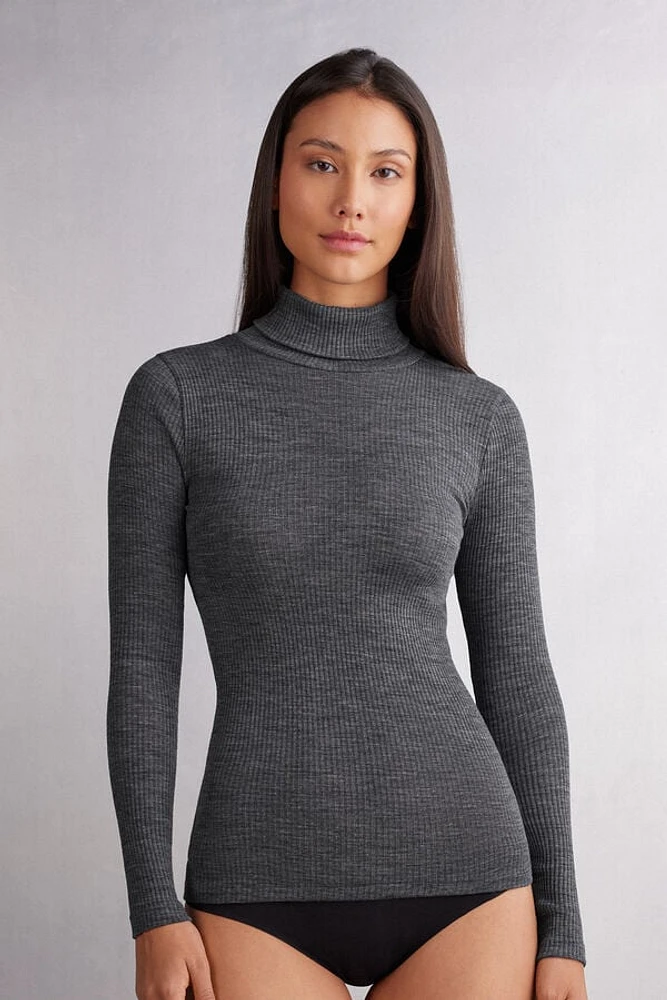 Long-sleeve High-Neck Tubular Top Wool and Silk