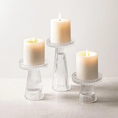 KSP Ava Ribbed Glass Pillar Candle Holder - Set of 3 (Clear)