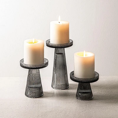 KSP Ava Ribbed Glass Pillar Candle Holder - Set of 3 (Smoke)