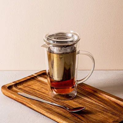 KSP Milano Double Wall Glass Tea Mug with  Mesh Infuser 400ml (Clear)