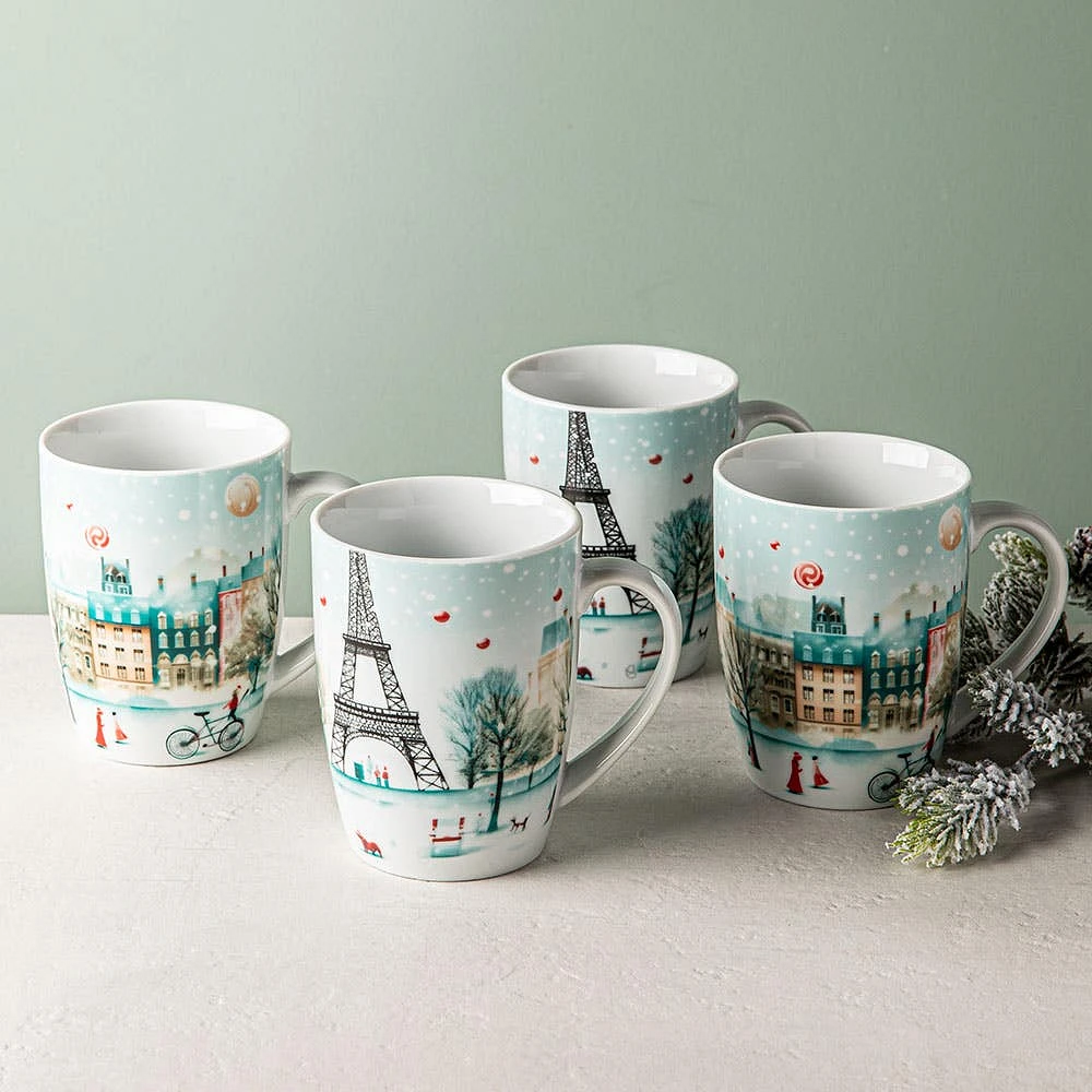 KSP Christmas Decal 'Paris' Porcelain Mug - Set of 4