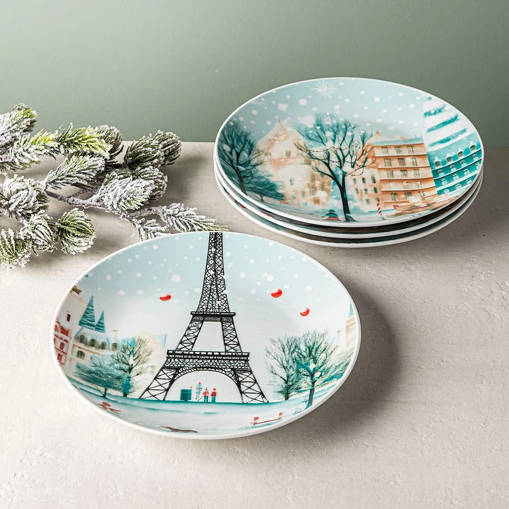 KSP Christmas Decal 'Paris' Porcelain Side Plate - Set of 4