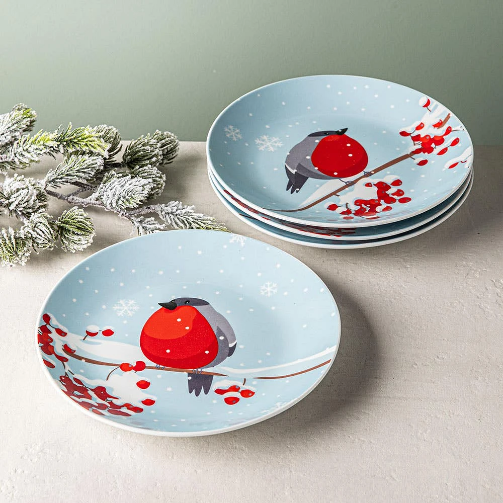 KSP Christmas Decal 'Snowberry Songbirds' Porcelain Side Plate - Set/4