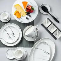 KSP Marble Porcelain Bowls with Tray and Spoons - Set of 7 (White/Grey)