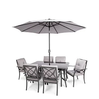 KSP Cookstown Patio Table and Chairs with Umbrella - Set of 9 (Grey)