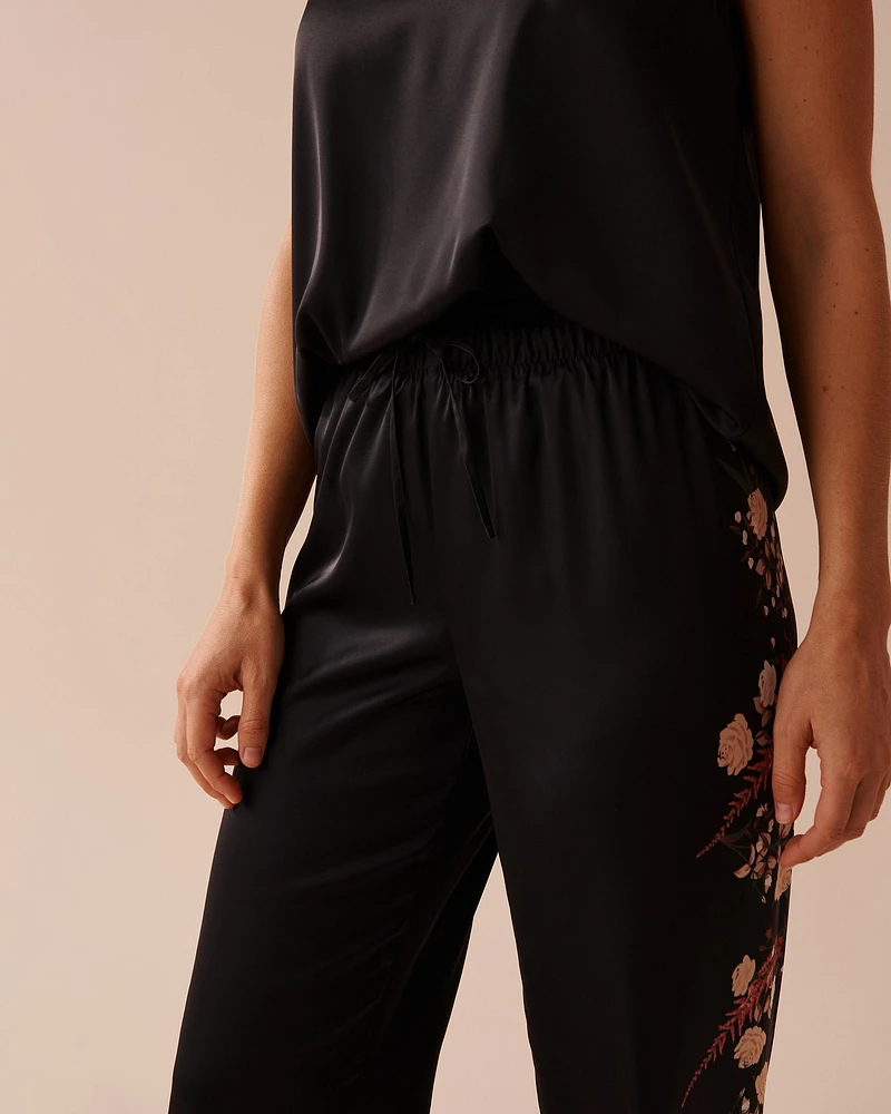 Black Bouquet Satin Pants