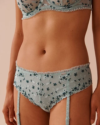 Embroidered Mesh and Ruffle Cheeky Panty