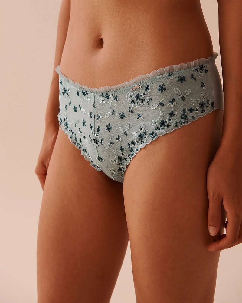Embroidered Mesh and Ruffle Cheeky Panty
