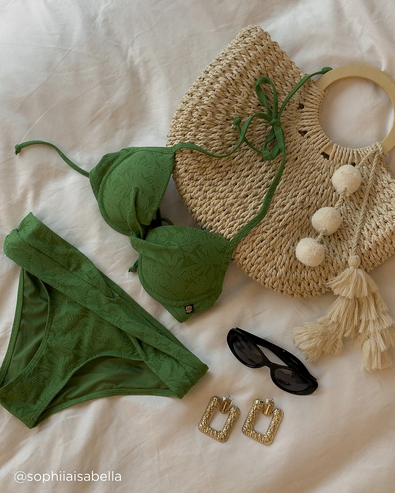 GREEN TROPICAL LEAVES Textured Push-up Bikini Top
