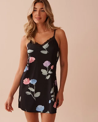 Tulip Print Lace Trim Nightie with Shelf Bra