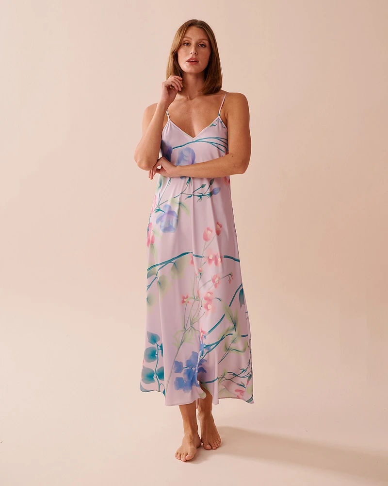 Lavender Garden Print Long Satin Nightie with Shelf Bra