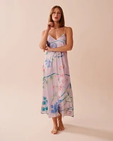 Lavender Garden Print Long Satin Nightie with Shelf Bra
