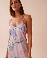 Lavender Garden Print Long Satin Nightie with Shelf Bra