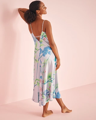 Lavender Garden Print Long Satin Nightie with Shelf Bra