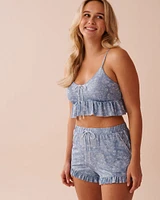 White Floral Print Recycled Fibers Ruffled Crop Cami