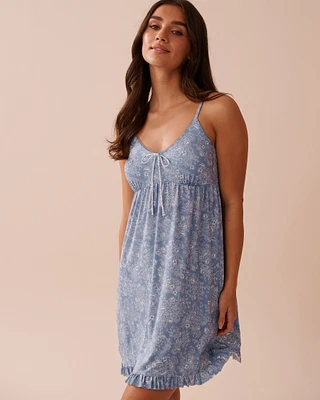 White Floral Print Recycled Fibers Ruffled Nightie