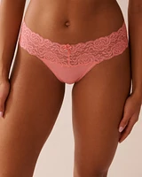 Microfiber and Wide Lace Band Thong Panty