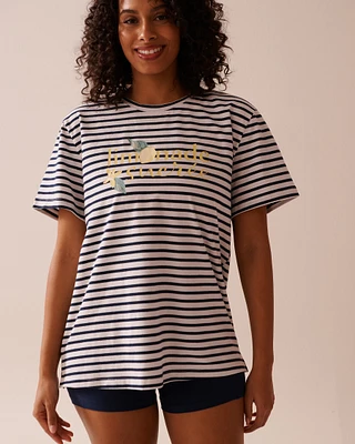 Lemon Print and Stripes Cotton T-shirt