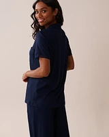Lace Trim Ribbed Jersey Button-down Shirt