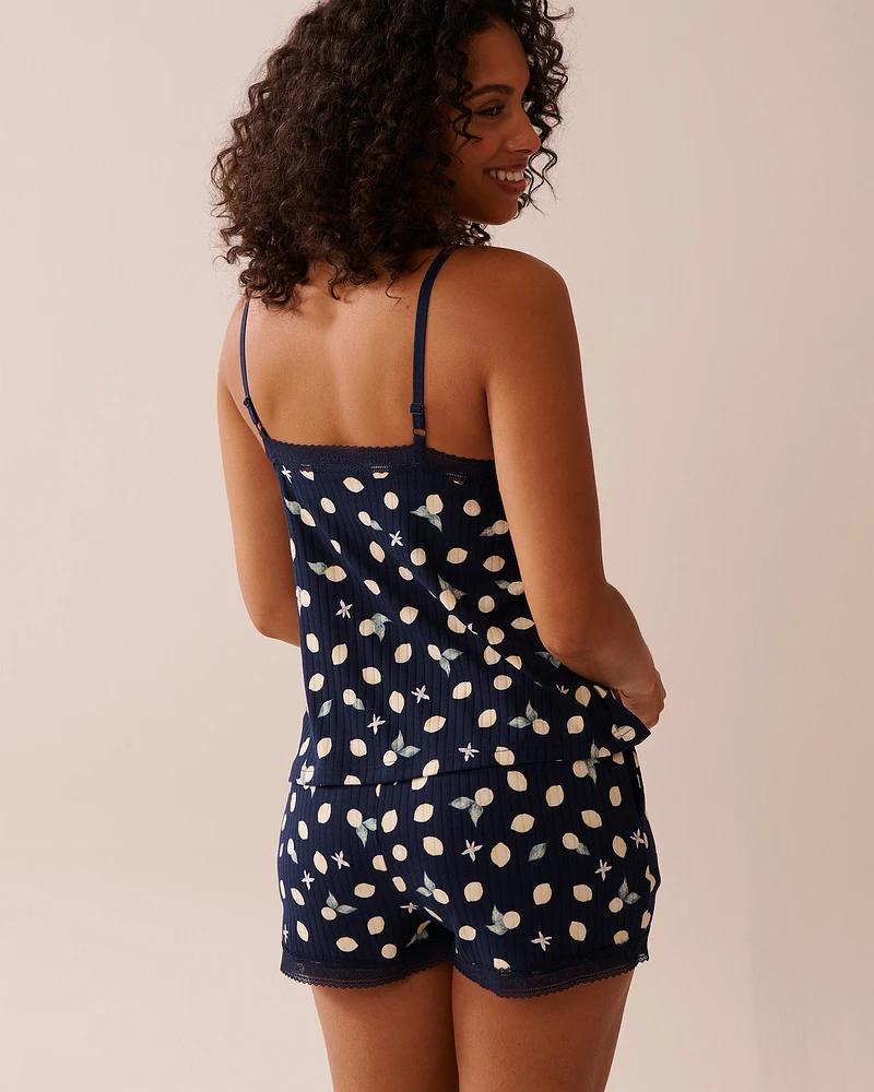 Camisole jersey côtelé à soutien intégré et bordure de dentelle imprimé citron