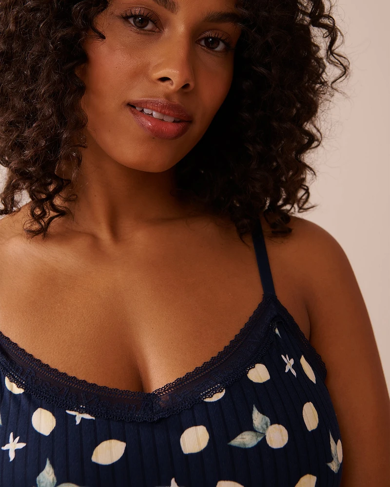 Camisole jersey côtelé à soutien intégré et bordure de dentelle imprimé citron