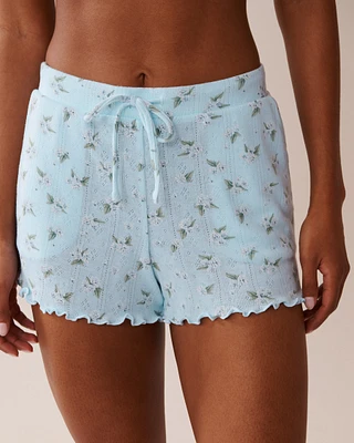 Floral Print Lettuce Edge Pointelle Pajama Shorts