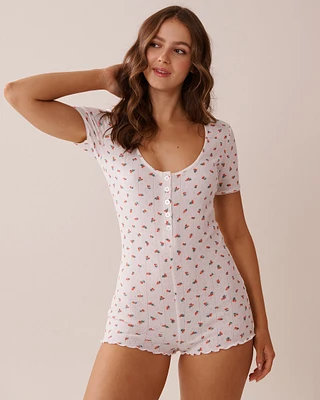 Strawberry Print Lettuce Edge Pointelle Romper