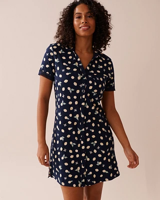 Chemise de nuit jersey côtelé et bordure dentelle imprimé citron