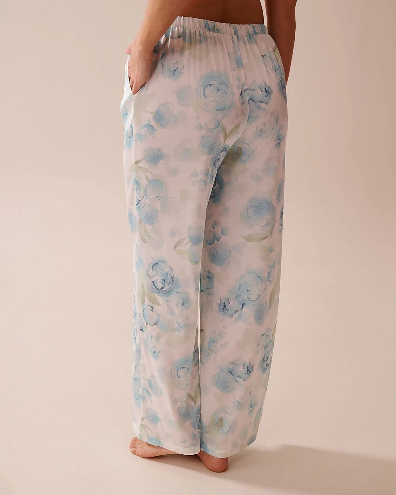 Blue Rose Print Satin Pants