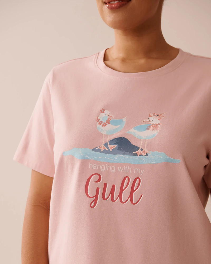 Seagull Print Crew Neck Cotton T-shirt
