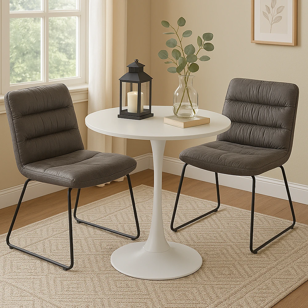 Round Dining Set with Grey Chairs, Set of 3 - White