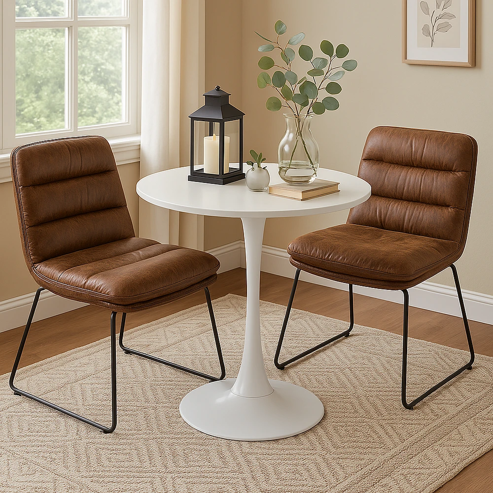 Round Dining Set with Brown Chairs, Set of 3 - White