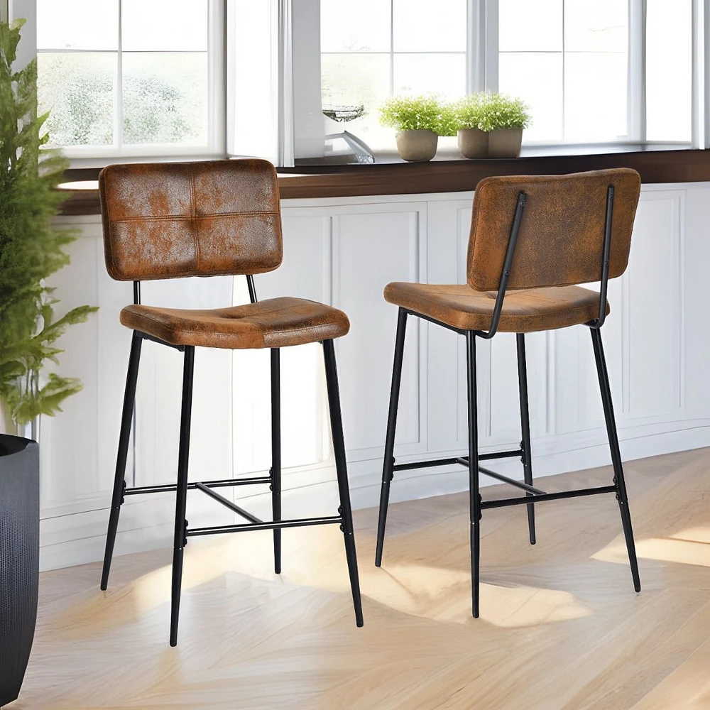 Set of 2 Counter Height Bar Stool with Suede Upholstery and Black Metal Legs by Maison Classique