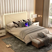Upholstered Beige Foothill Queen Bed Frame with USB Ports and LED Lights