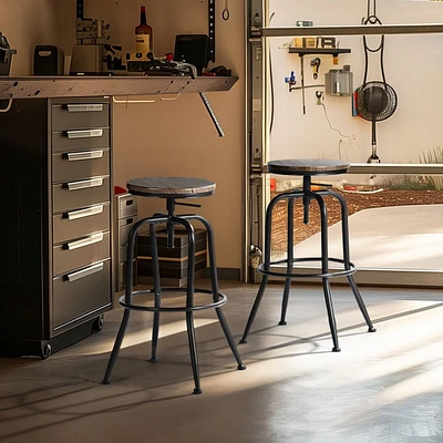 Set of 2 Vintage Brown Swivel Barstools Adjustable Height by Maison Classique