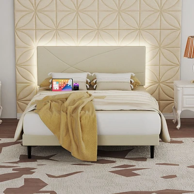 Upholstered Beige Foothill Queen Bed Frame with USB Ports and LED Lights