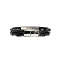 Luenzo Black Genuine Leather Bracelet with Stainless Steel ID Accent