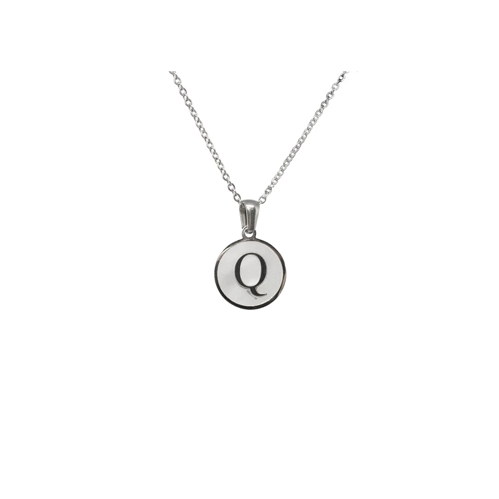 Luenzo Stainless Steel Initial Necklace "Q" with Mother of Pearl Inlay