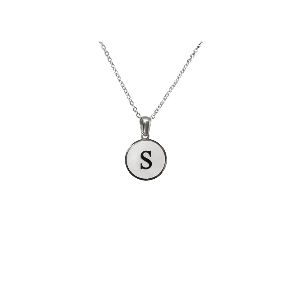 Luenzo Stainless Steel Initial Necklace "S" with Mother of Pearl Inlay