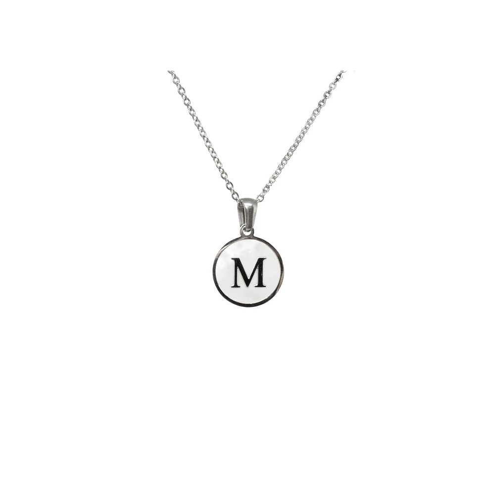 Luenzo Stainless Steel Initial Necklace "M" with Mother of Pearl Inlay