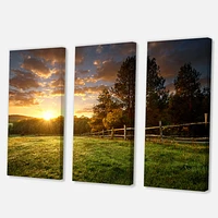 Fenced Ranch at Sunrise  Canvas Wall Art - 3 Panels