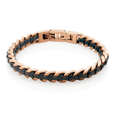 STEELX Stainless Steel Rose Gold Ionic-Plated Black Leather Curb Chain Bracelet