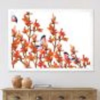 Toile « Flock of Bullfinches Birds on Orange Branches »