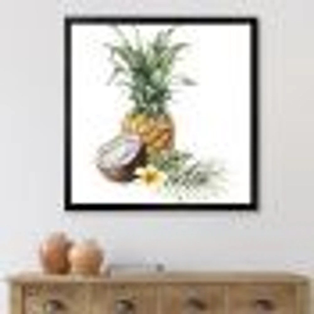 Pineapple with Coconut Plumeria and Palm Leaves  Canvas Wall Art Print