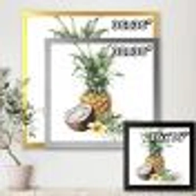 Pineapple with Coconut Plumeria and Palm Leaves  Canvas Wall Art Print