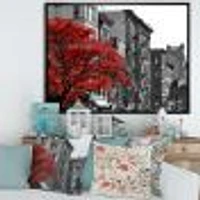 Red Tree on Black and White New York City Street  Canvas