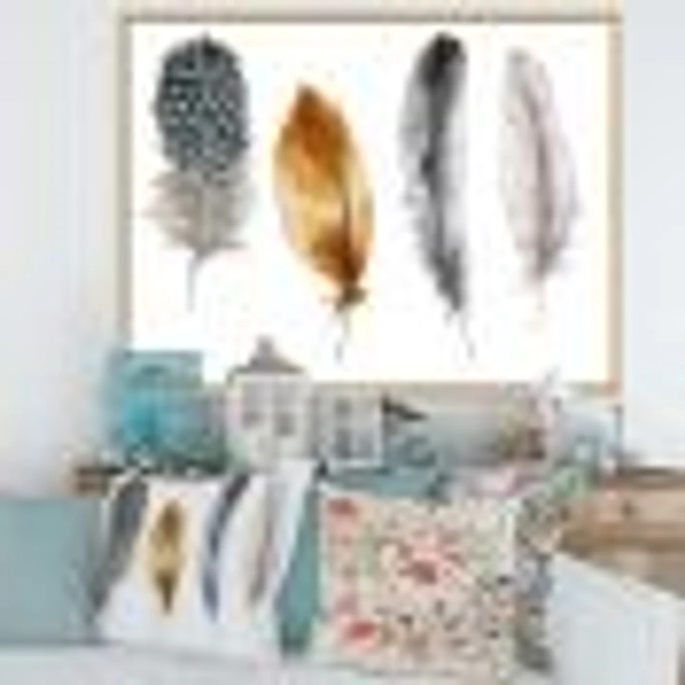 Boho Feather Orange & Blue Striped Polka Dots  Canvas Wall Art Print