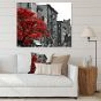 Red Tree on Black and White New York City Street  Canvas